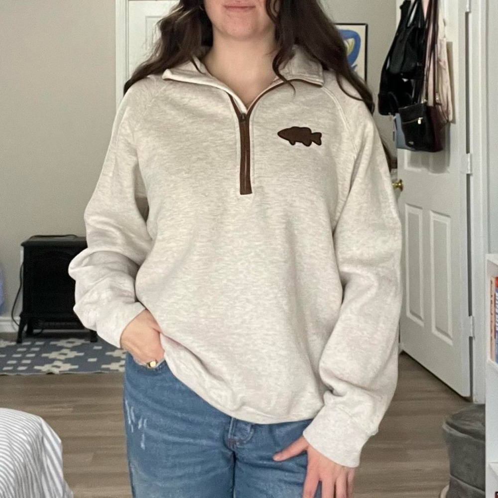 Cream and brown Oklahoma State Park quarter zip sweatshirt